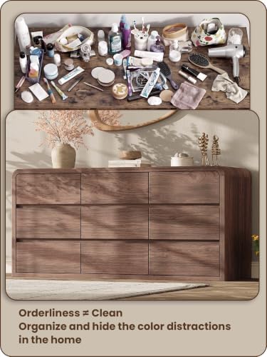 Modern 63" Wide 9 Drawers Dresser with Curved Profile Design,Walnut