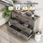 Fameill Dresser for Bedroom, 6 Drawer Wide Dresser Organizer with Charging Station, Tall Dresser for Hallway, Wood Dresser with Metal Handles, Ash Grey
