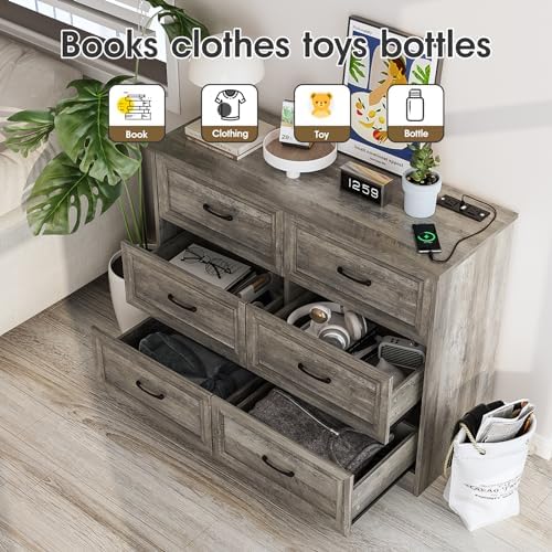 Fameill Dresser for Bedroom, 6 Drawer Wide Dresser Organizer with Charging Station, Tall Dresser for Hallway, Wood Dresser with Metal Handles, Ash Grey