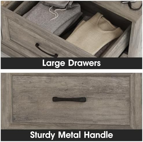 Fameill Dresser for Bedroom, 6 Drawer Wide Dresser Organizer with Charging Station, Tall Dresser for Hallway, Wood Dresser with Metal Handles, Ash Grey