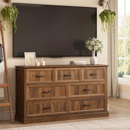 Farmhouse 7 Drawer Dresser for Bedroom, 55" Walnut Dresser with TV Stand