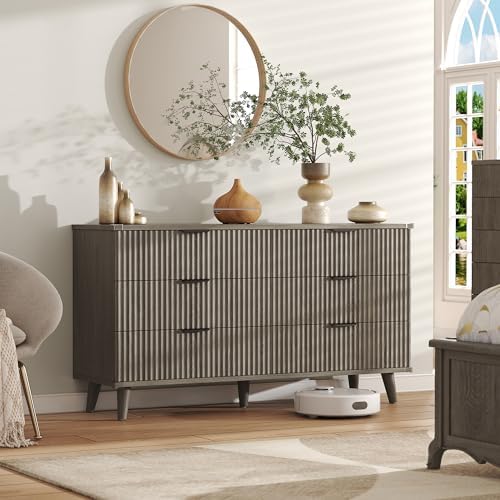Wood Tall 6 Drawers Dresser, 53.2" W Fluted Modern Dressers for Bedroom