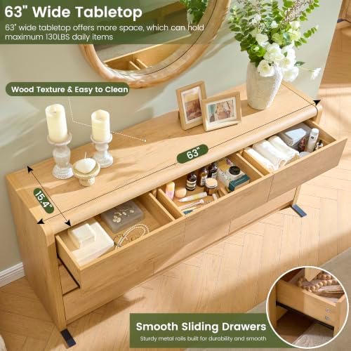 Modern 9 Drawers Dresser for Bedroom, 63” Wide Large Dressers & Chest of Drawers, Front Rounded Corner Handleless Design, Storage Dressers Organizer for Hallway, Living Room, Natural Color