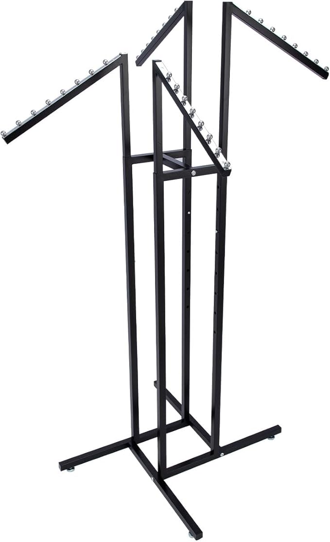 SSWBasics Black 4 Way Adjustable Clothing Rack with Slanted Arms - Retail Clothing Rack Display - Adjustable Height Arms from 48" to 72" Perfect for Clothing Stores