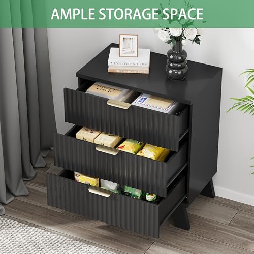 Xixini Fluted Nightstand with 3 Drawers, 24" Wide Side Table, Black
