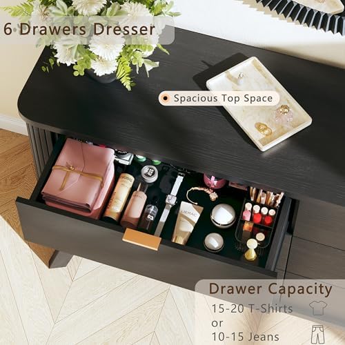 HUAHUU Fluted 6 Drawers Dresser for Bedroom, 55" Mid Century Modern & Chests of Drawers, Curved Profile Design, TV Stand, Wood Storage Dresser for Entryway, Hallway, Black