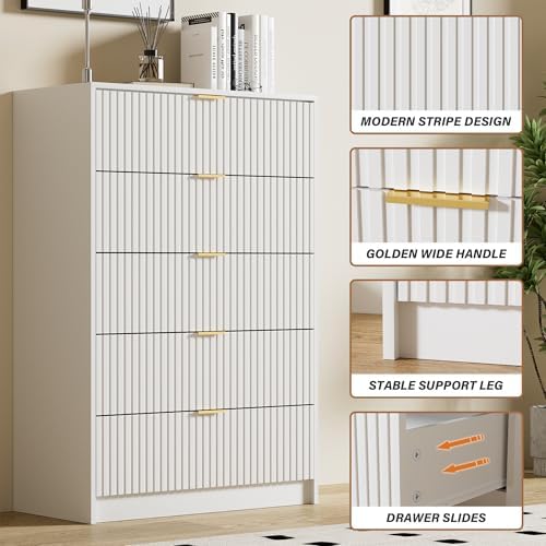 Furniway White Dresser for Bedroom, Modern Dresser with 5 Drawers and Smooth Slides, Wide Chest of Drawers with Golden Handles for Bedroom, Living Room, Closet, 15.7" D x 31.5" W x 47.2" H