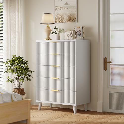 Wood Tall 5 Drawers Dresser, 27.6" W Fluted Modern Dressers for Bedroom