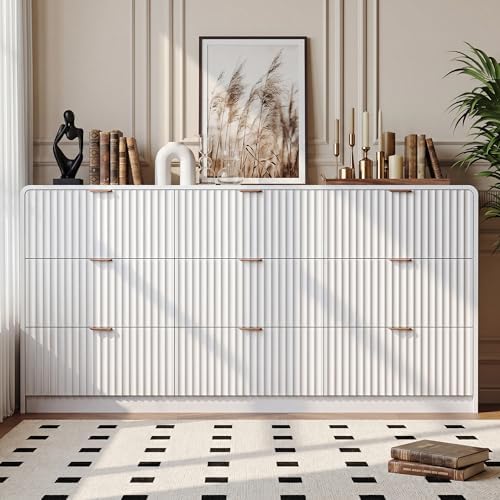 HOUROM 59” Wide White Fluted Dresser for Bedroom with 9 Drawers
