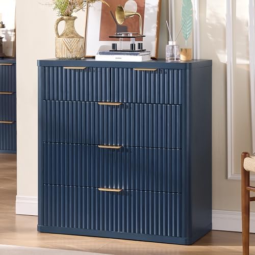 LEYAOYAO Fluted 5 Drawers Dresser for Bedroom, 34" Tall Modern Chest of Drawers with Metal Handle, Curved Profile Design,Navy Blue Wood Drawer Organizer for Bedroom, Living Room, Hallway, Entryway