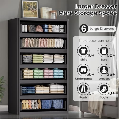 Standifurno Black 56" Tall Dresser for Bedroom, Fluted Modern 6 Drawers Deep Dressers, Wood Chest of Drawers with Handleless, Curved Profil Storage Closet Dressers for Bedroom, Living Room, Hallway