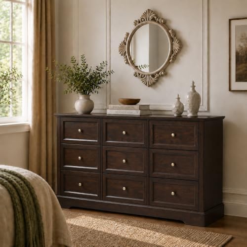 LOUVIXA Farmhouse Dresser 9 Drawer, Bedroom Chest of Drawers, Dressers with 9 Drawers, Wooden Dressers for Bedroom, Living Room, Tv Stand, Entryway(Vintage Brown)