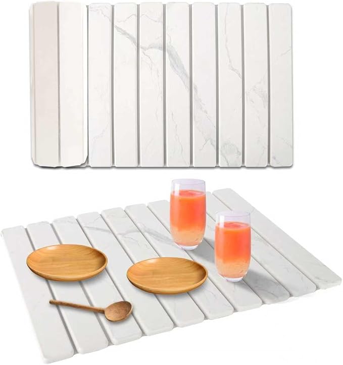 Stone Dish Drying Mat for Kitchen Counter, 24''×15'' Dishes Drying Matt Kitchen Counter, Absorbent Diatomaceous Earth Bath Quick Dry Mats for Tableware, Bottles and Cup(White Marble)