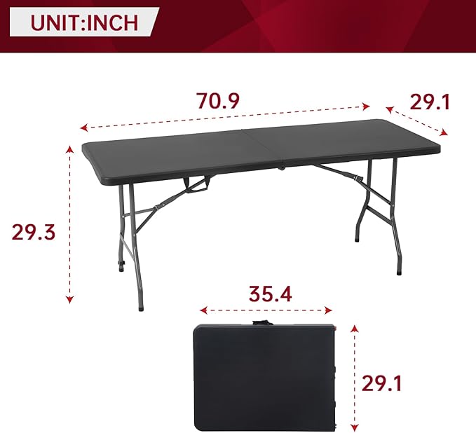 PayLessHere | 6FT Folding Table | Black | Portable Plastic Table with Carry Handle | Waterproof & Foldable Table Design | Steel Frame with Lock | for Events, Camping, Indoor & Outdoor Use