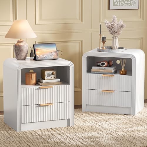Decofy Fluted 2-Drawer Nightstand Set of 2 with Charging Station, White