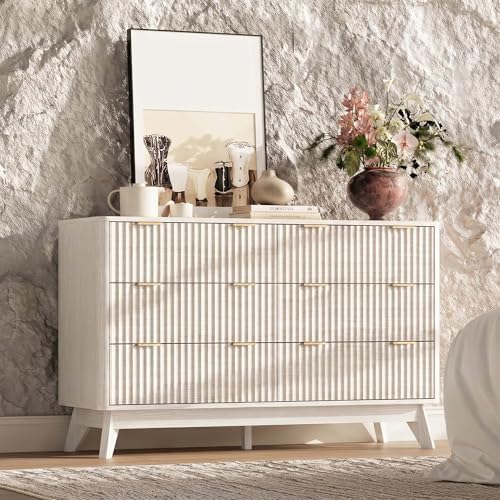 47" Wide Fluted 6 Drawers Dresser for Bedroom,Curved Edge,White