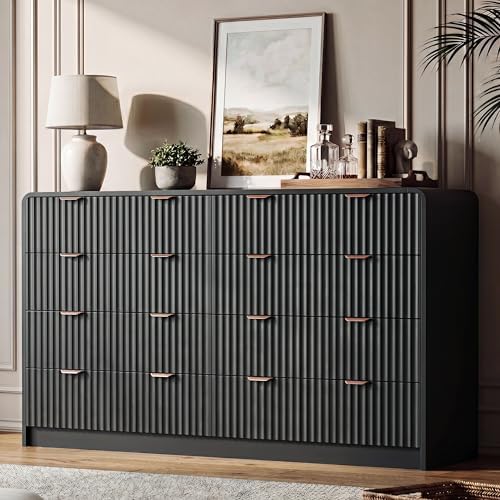 HOUROM 55“ Wide Black Fluted Dresser for Bedroom with 10 Drawers