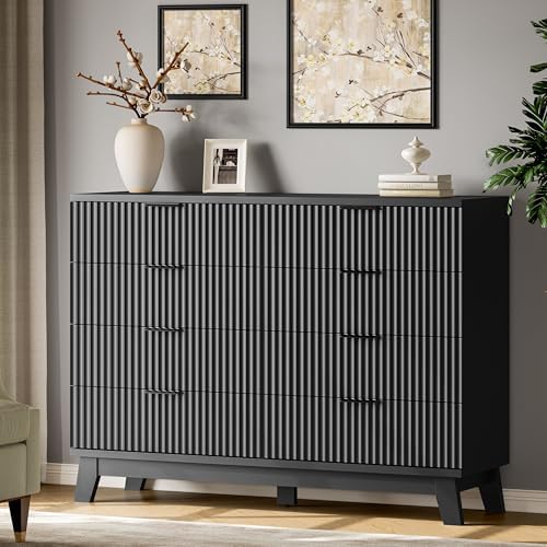 Xixini Fluted Dresser with 8 Drawers, 54" Wide Modern Chest of Drawers with Metal Handle, Wooden Dresser TV Stand, Wood Closet Clothes Storage Organizer for Bedroom, Living Room, Hallway, Solid Black