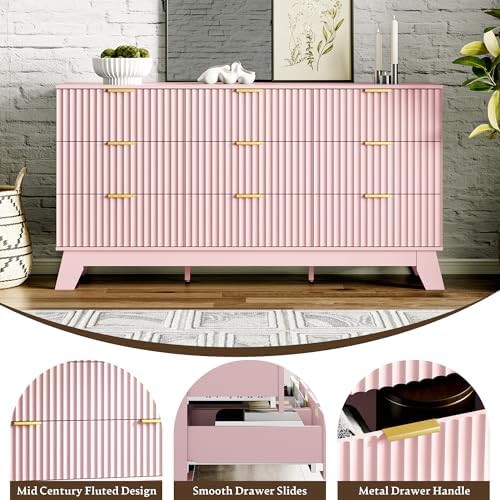 HUANLEGO Fluted Dresser for Bedroom with 9 Drawers, Pink