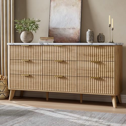 GarveeHome Fluted Dresser for Bedroom with 9 Deep Drawers, Natural Oak