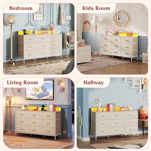 WLIVE Dresser TV Stand 9 Drawers, Fabric Chest of Drawers LED Lights, Cream