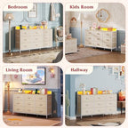 WLIVE Dresser TV Stand 9 Drawers, Fabric Chest of Drawers LED Lights, Cream