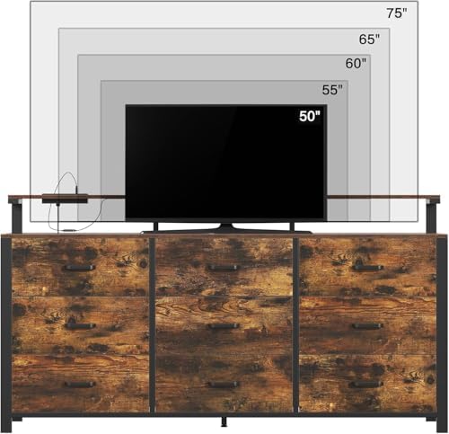 63'' Rustic Brown Dresser for Bedroom, 9 Drawer Dresser with Power Outlet and Led Lights, Bedroom Furniture with Wooden Drawer and Metal Frame, TV Stand with Deep Drawer Storage
