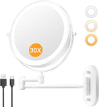 Auxmir 1X/30X Wall Mounted Makeup Mirror with Light, 8" Rechargeable Double-Sided Magnifying Mirror, Vanity Mirror Dimmable 3 Color Light, 360° Extension Rotation Foldable 14.5 Inch Arm, White