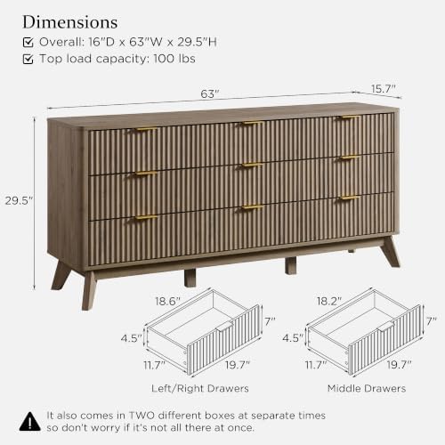 T4TREAM 63" Wide Fluted 9 Drawer Dresser for Bedroom, Grey Alder