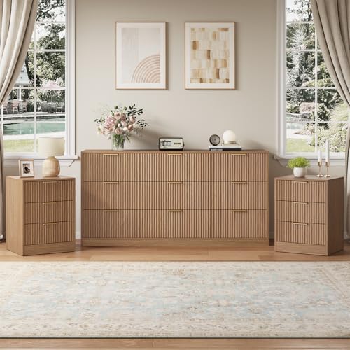 9 Drawer Dresser & 3-Drawer Nightstand Set 3-Piece, Natural Wood丨63 Long Dresser Set Night Stand Set of 2 with Metal Handle, Modern Wood Chest of Drawers Storage Dressers Set for Bedroom