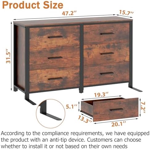Rustic Brown Dresser for Bedroom, Wide Wood Dressers Furniture with 6 Wooden Drawer and Metal Frame, TV Stand with Deep Drawer (Rustic Brown)
