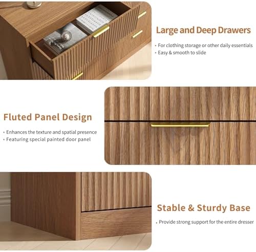 Natural Wood Dresser with 9 Drawer 63" Wide Fluted Dresser for Bedroom丨Long Dresser Modern Chest of Drawers with Gold Handle, Wood TV Stand Storage Organizer for Bedroom, Living Room, Natural Wood