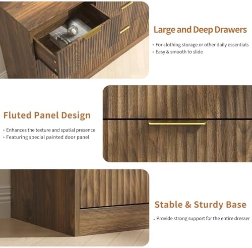 Walnut Dresser with 9 Drawer 63" Wide Fluted Dresser for Bedroom丨Long Dresser Modern Chest of Drawers with Gold Handle, Wood TV Stand Storage Organizer for Bedroom, Living Room, Walnut