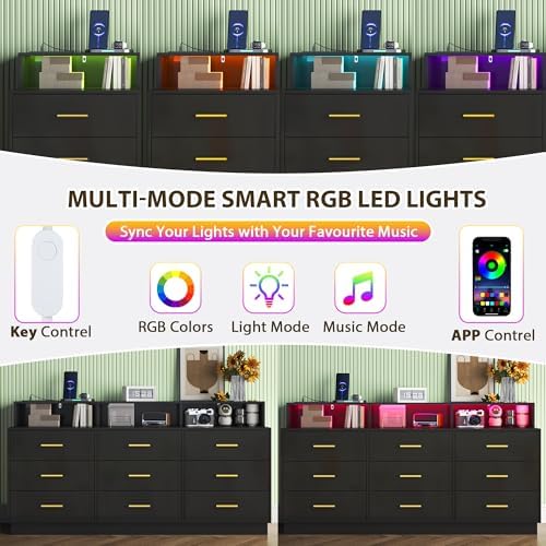 knoworld Black 9 Drawer Dressers for Bedroom, Modern Large Dresser with LED Light and Power Outlet, Wooden Long Dressers, Triple Dresser for Bedroom, Entryway, Hallway