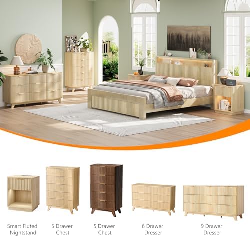 Bonnlo Fluted Dresser,57" Fluted Wide Modern Dresser with Metal Handle, Chest of Drawers, Curved Profile Design, Wood 9 Drawer Organizer for Bedroom, Natural Oak