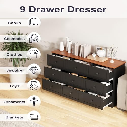 Furnify 9 Drawer Dresser, 59" Wide Dresser for Bedroom, Black