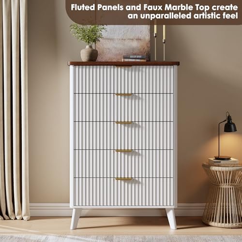 GarveeHome Fluted Dresser for Bedroom with 5 Deep Drawers, White