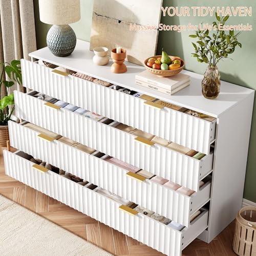 47.2" Wide Fluted 8 Drawer Dresser for Bedroom, White