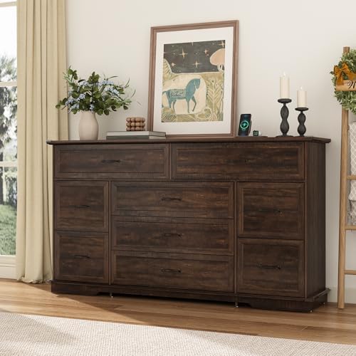 jiteentarou Farmhouse 9 Drawer Dresser for Bedroom,63” Wood Dresser & Chest of Drawers with Power Outlets,Large & Wide Dressers for Bedroom,Tall Storage Dresser Organizer(Rustic Brown)