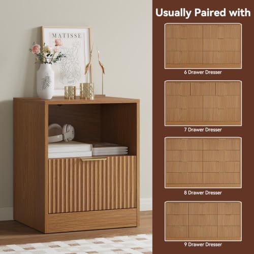 3Pcs 9 Drawer Dresser and 1-Drawer Nightstand Set, Natural Wood丨63 Wide Fluted Bedroom Dresser Set Night Stand Set of 2, Modern Wood Chest of Drawers Storage Dressers Set for Bedroom