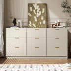 MAISONARIA Beige 9 Drawer Dresser for Bedroom, 63" Wide Modern Fluted Dresser with Gold Metal Handles, Chest of Drawers for Bedroom, Living Room, Entryway, Hallway