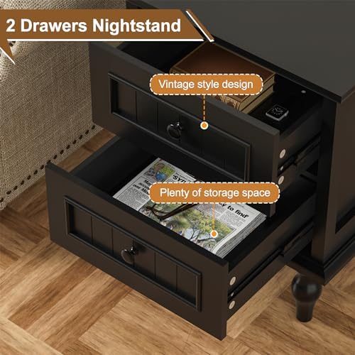 Black Nightstand Set of 2, Vintage Bedside Tables with Drawers for Bedroom