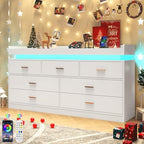 Hlivelood 7 Drawer Dresser with LED Light and Charging Station, Modern Chest of Drawers for Closet, Wide Drawer Organizer Cabinet for Bedroom, Living Room, Entryway, Hallway, White