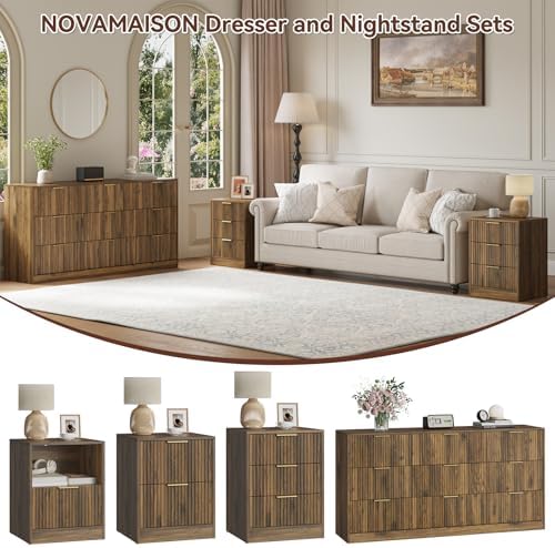 9 Drawer Dresser & 3-Drawer Nightstand Set 3-Piece, Walnut丨63 Long Dresser Set Night Stand Set of 2 with Metal Handle, Modern Wood Chest of Drawers Storage Dressers Set for Bedroom