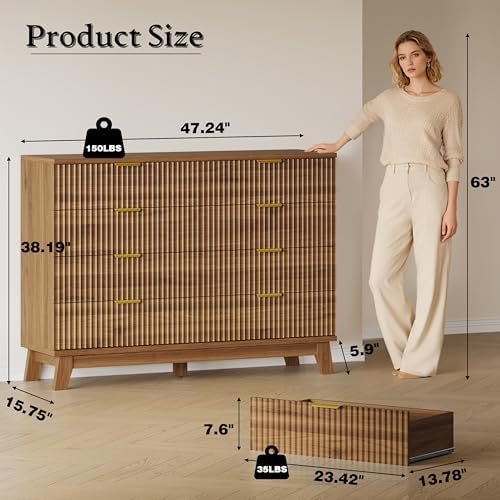 BORNOON Fluted 8 Drawer Tall Dresser, 47.2" Wide Modern Boho Chest of Drawers, Wooden Storage Dresser TV Stand for Bedroom, Living Room, Closet, Hallway, Curved Profile Design