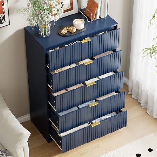 Furniway Blue Dresser for Bedroom, Modern Dresser with 5 Drawers and Smooth Slides, Wide Chest of Drawers with Golden Handles for Bedroom, Living Room, Closet, 15.7" D x 31.5" W x 47.2" H