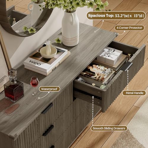 Wood Tall 6 Drawers Dresser, 53.2" W Fluted Modern Dressers for Bedroom
