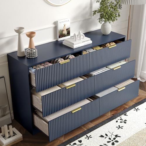 6 Drawer Fluted Dresser for the Bedroom, 55" Wide Wooden Dresser with Deep Drawers, Large Floor Chest of Drawers, Modern Long TV Stand, Storage Cabinet for Livingroom, Hallway, Blue