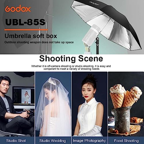 Godox UBL-85S 85cm 33.4” Black Silver Reflective Umbrella Photography Studio Soft Light Umbrella with Large Diffuser Cover for Video Shooting