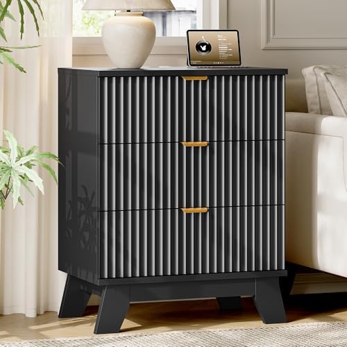 Xixini Fluted Nightstand with Charging Station, Tall Bedside Table, Black